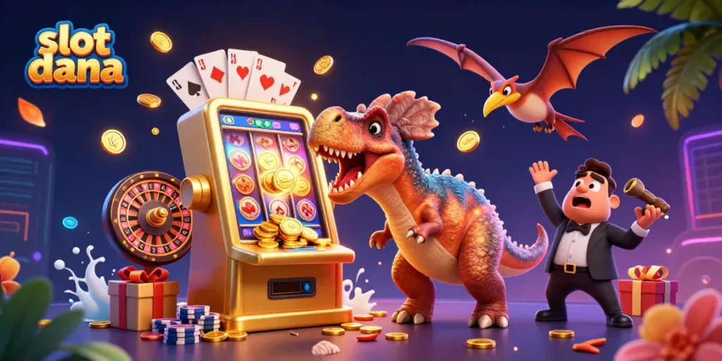 Permainan slot dana dengan karakter 3D dinosaurus di kasino yang memberikan jackpot.