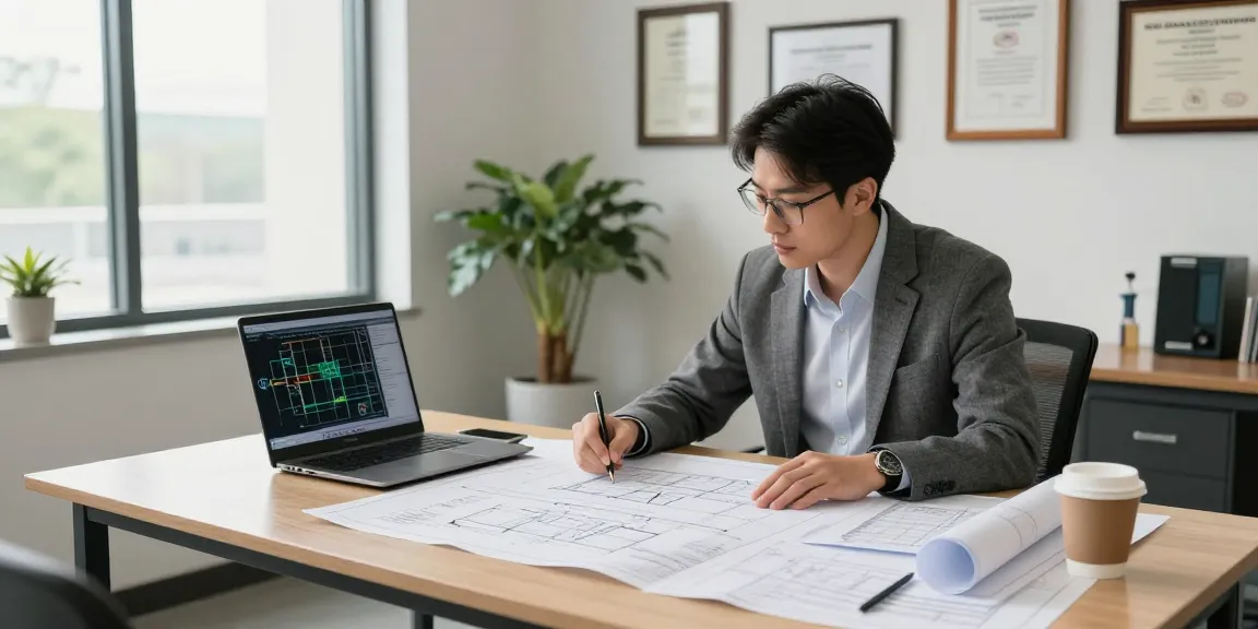 Engineering expert witness in Missouri reviewing technical documents in a professional office setting.