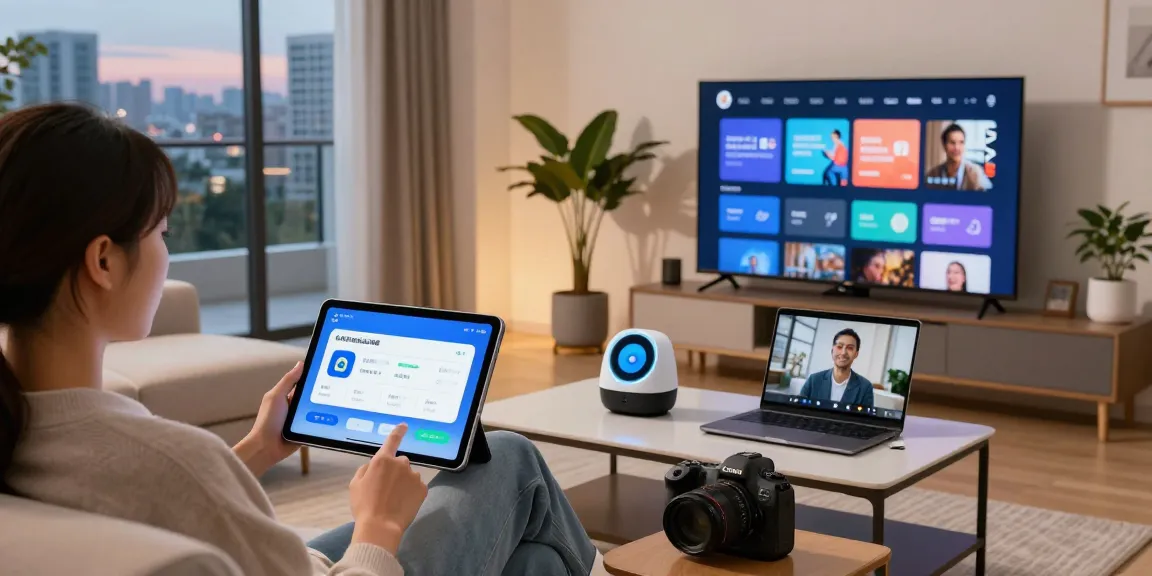 快连 network acceleration service showcased in a cozy living room with multiple devices.