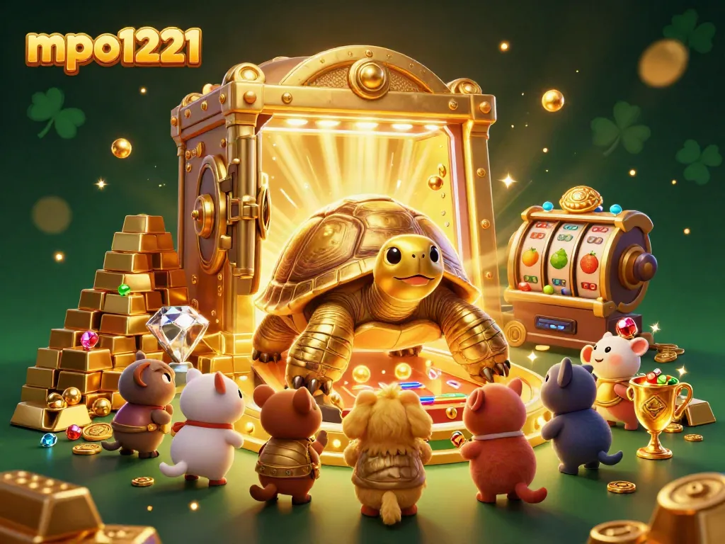 Engage with mpo1221 in this vibrant casino atmosphere filled with gold and treasures.
