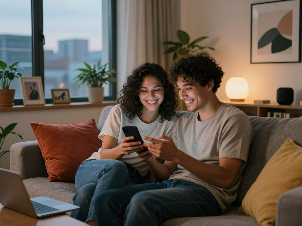 Young couple enjoying free ai sex chat on smartphones in a cozy living room.