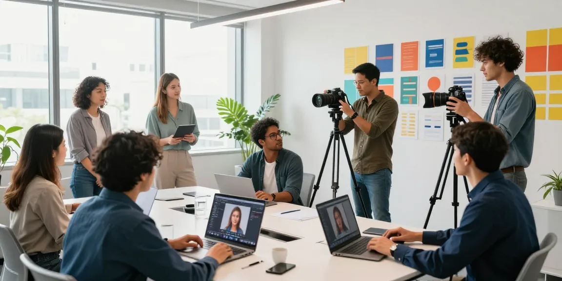 Servizio Fotografico Aziendale in una moderna sala riunioni, team di professionisti coinvolti in una sessione fotografica.