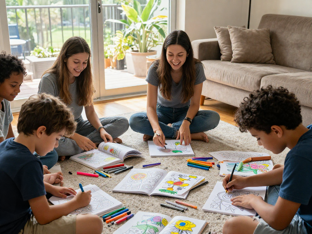 Engaging scene of individuals coloring books together, showcasing vibrant creativity and joyful moments.