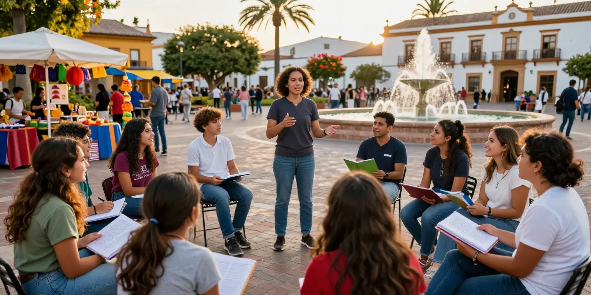 Cours d'espagnol en Espagne avec des étudiants apprenant dans une place animée, engageant des conversations avec des instructeurs au milieu d'un paysage culturel vibrant.