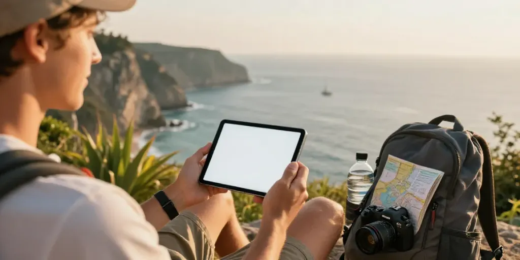 AI content generation for travel businesses showcased by a traveler at a stunning coastal viewpoint enjoying personalized itineraries.
