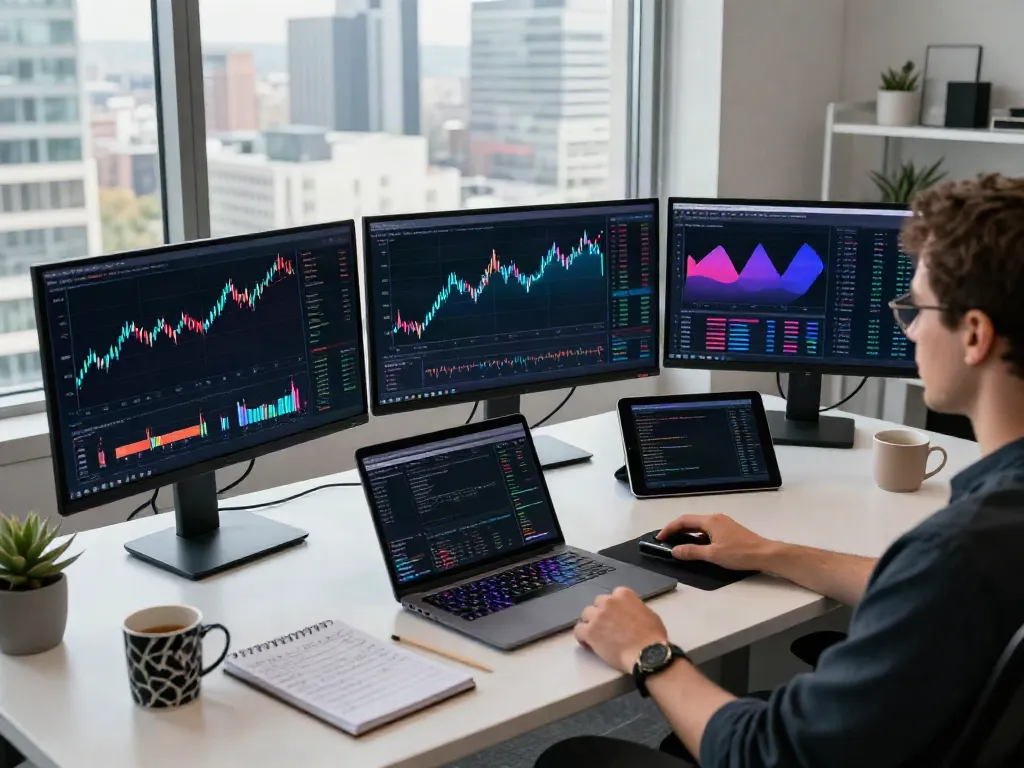 Twelve Data alternative showcased in a modern crypto trading desk with real-time data charts and a focused trader monitoring multiple exchanges.