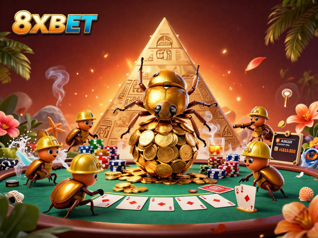 Engage in thrilling gambling adventures with 8XBET's golden coin treasures and vibrant casino elements.