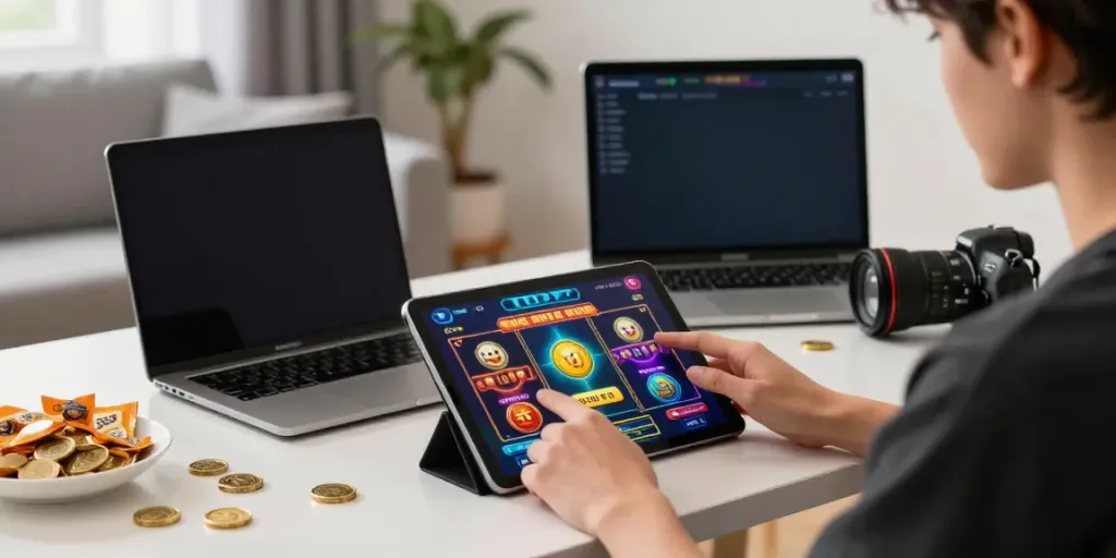 Player engaging with vibrant slot games on a tablet in a cozy home gaming setup.