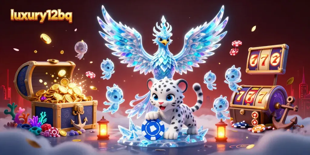 luxury12bq memikat dengan ilustrasi 3D kasino penuh petualangan, menampilkan phoenix es dan anak macan tutul.