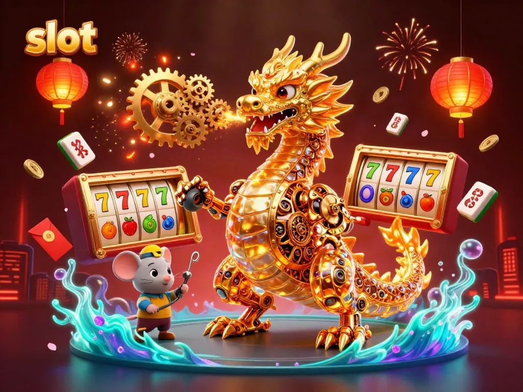 Experience jackpot excitement with vibrant 3D slot reels and a dragon in a dynamic casino atmosphere.