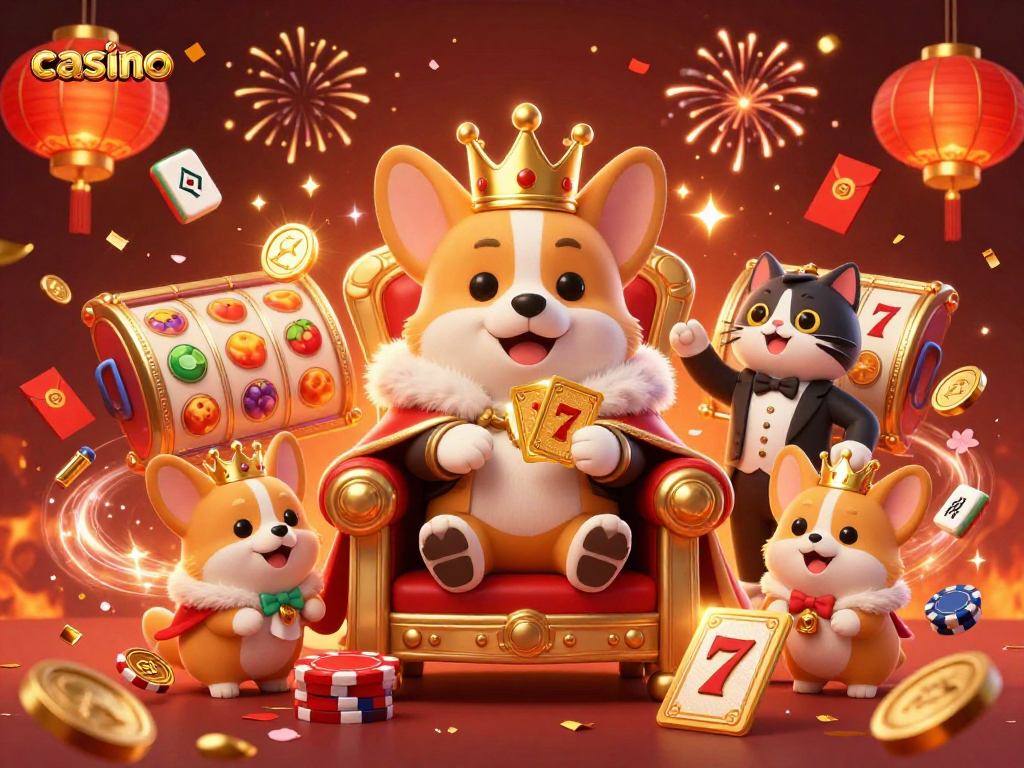 Engaging casino scene featuring a royal corgi in a golden crown among slot reels and vibrant elements.
