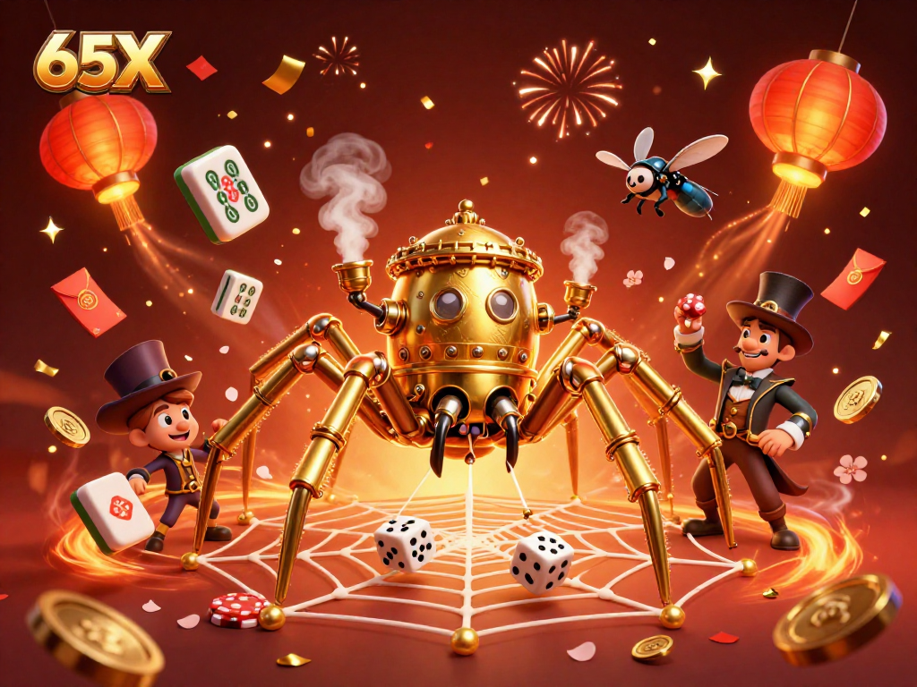 Impressionante ilustração 3D do 65X com aranha dourada em um mundo de cassino, capturando dados azarados.