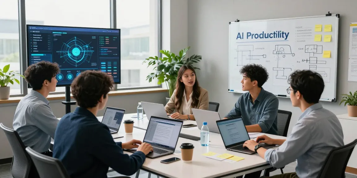 Collaboration scene showcasing diverse professionals using AI productivity tools in a modern office meeting.
