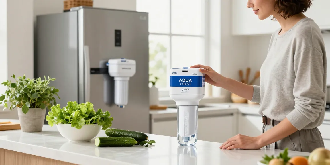 AQUA CREST XWF Refrigerator Water Filter showcased in a modern kitchen with fresh ingredients, promoting clean water for health.