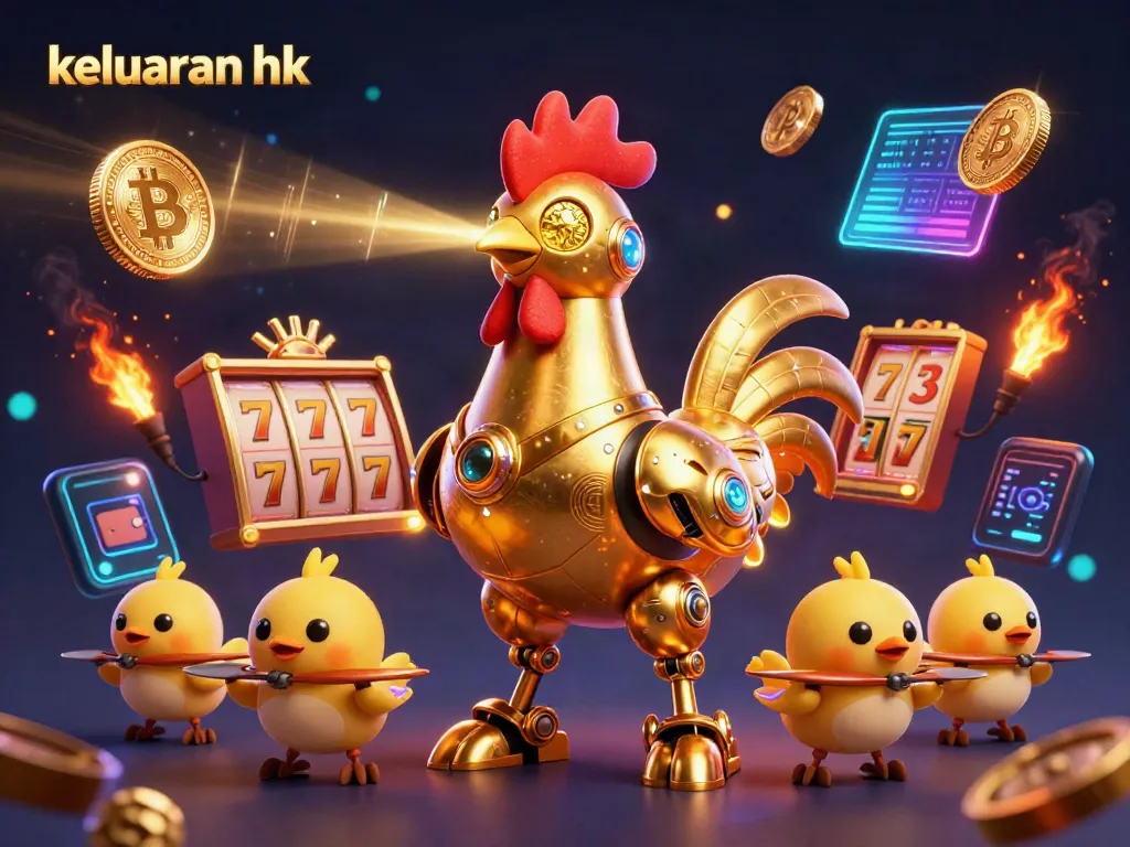 Menampilkan keluaran hk dalam ilustrasi 3D robot ayam bergaya futuristik yang menarik perhatian di kasino.