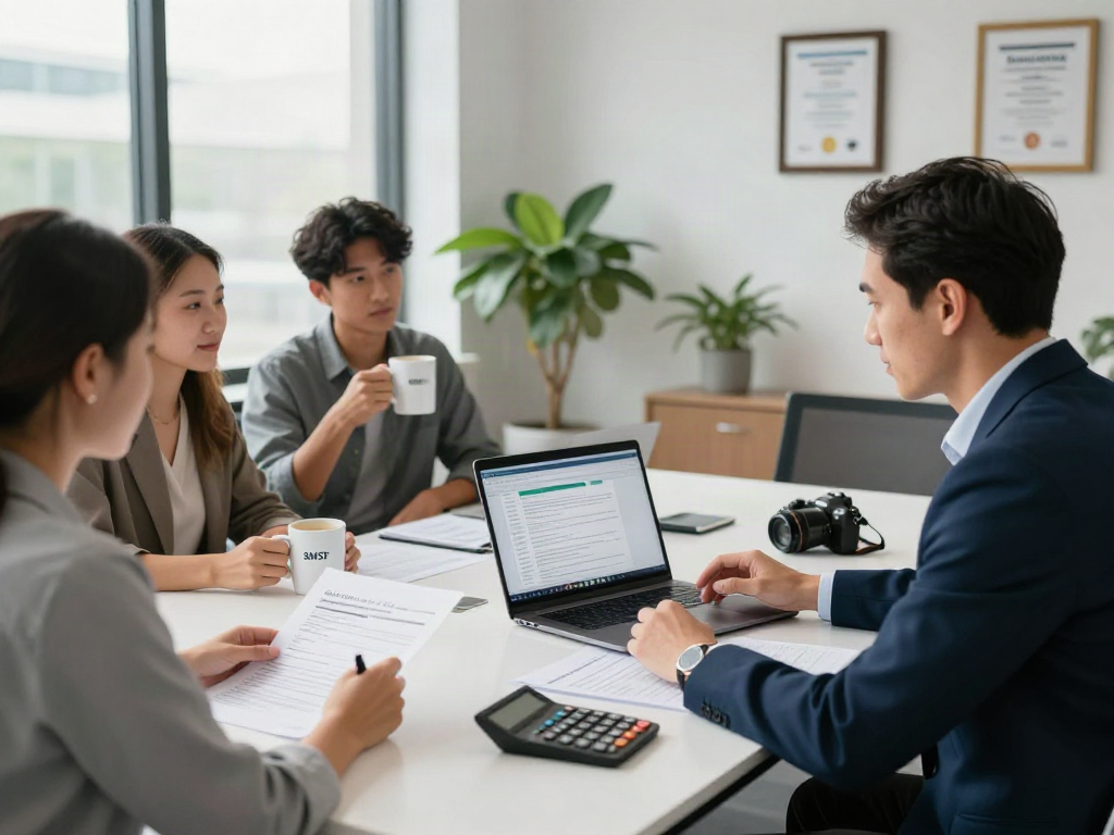 Expert financial advisor guiding clients through SMSF tax return process in a modern office.