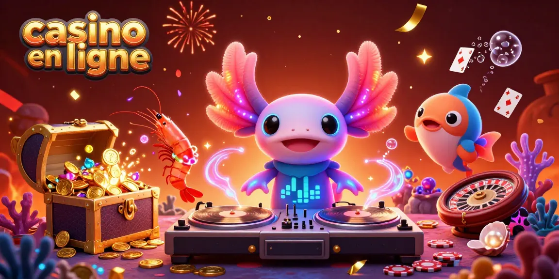 Le casino en ligne offre une ambiance festive avec un DJ axolotl vibrant entouré de camarades dans un décor sous-marin.