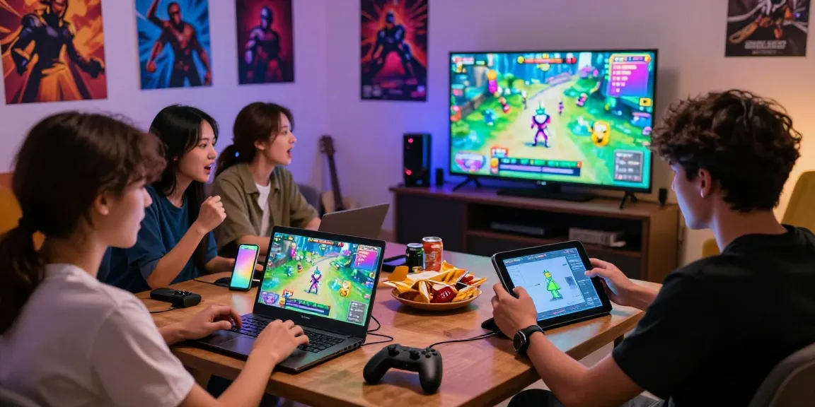 BATIK88 GAMES: Teman-teman bermain game di ruang tamu yang nyaman dengan suasana penuh semangat dan dekorasi warna-warni.