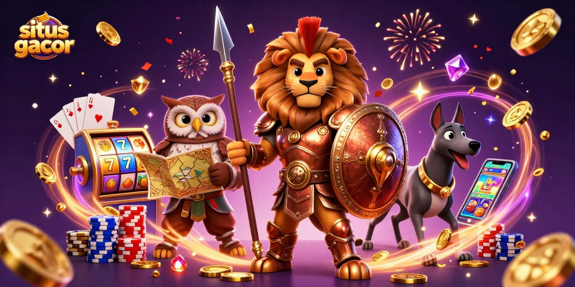 Situs gacor showcases a vibrant scene with a Spartan lion, tactical owl, and swift greyhound amid dynamic casino themes.