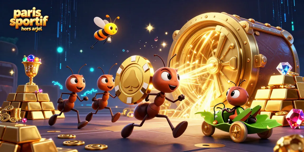 Plongez dans l'univers du paris sportif hors arjel avec une équipe d'ants sur un chip d'or géant.