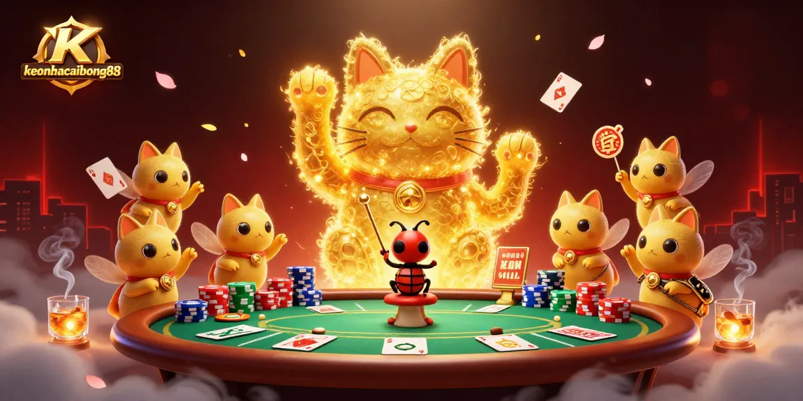 Join the celebration of fortune with keonhacaibong88's vibrant casino scene featuring lucky symbols and energetic gameplay.