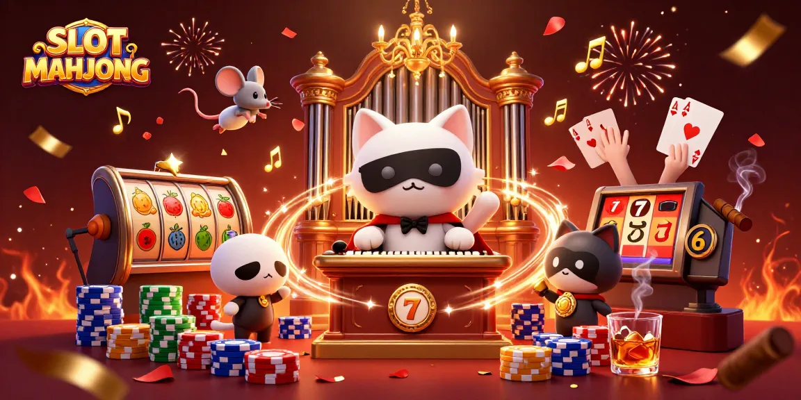 SLOT MAHJONG illustration featuring a playful cat at a casino organ with vibrant gaming elements