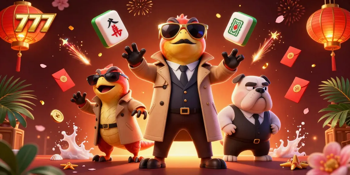 Engage in thrilling 777 gaming with cartoon raptors in a casino setting amidst floating Mahjong tiles.