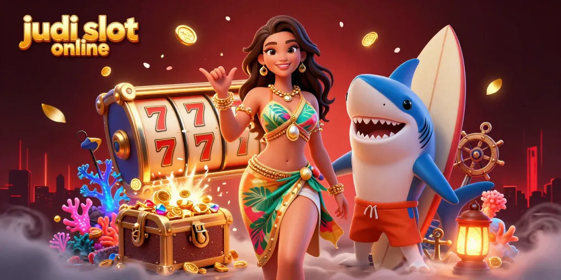 Experience thrilling judi slot online action with a glamorous woman and surfer shark amidst vibrant casino elements.