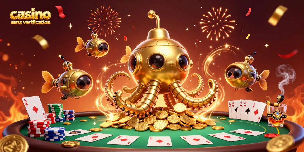 Célébrez le jeu dans un casino sans vérification, avec des poissons mécaniques et un kraken doré au milieu des jetons de poker.