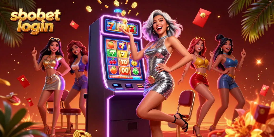 Experience sbobet login excitement with a celebratory woman at a winning slot machine.