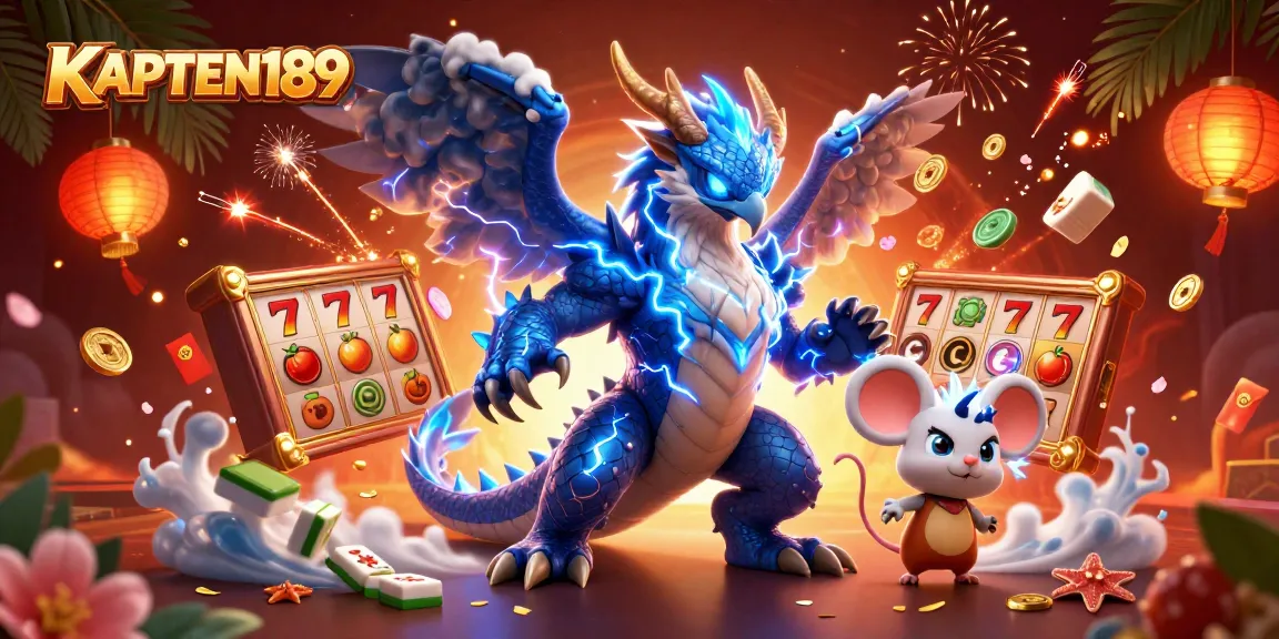 KAPTEN189 mempresentasikan ilustrasi menarik dengan naga 3D dan simbol slot jackpot yang berkilauan.