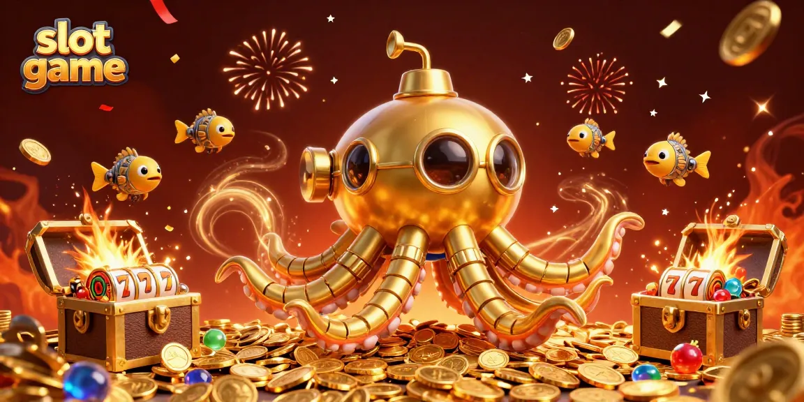 Engage in the slot game action with a golden kraken submarine amidst treasures, colorful gems, and festive elements.