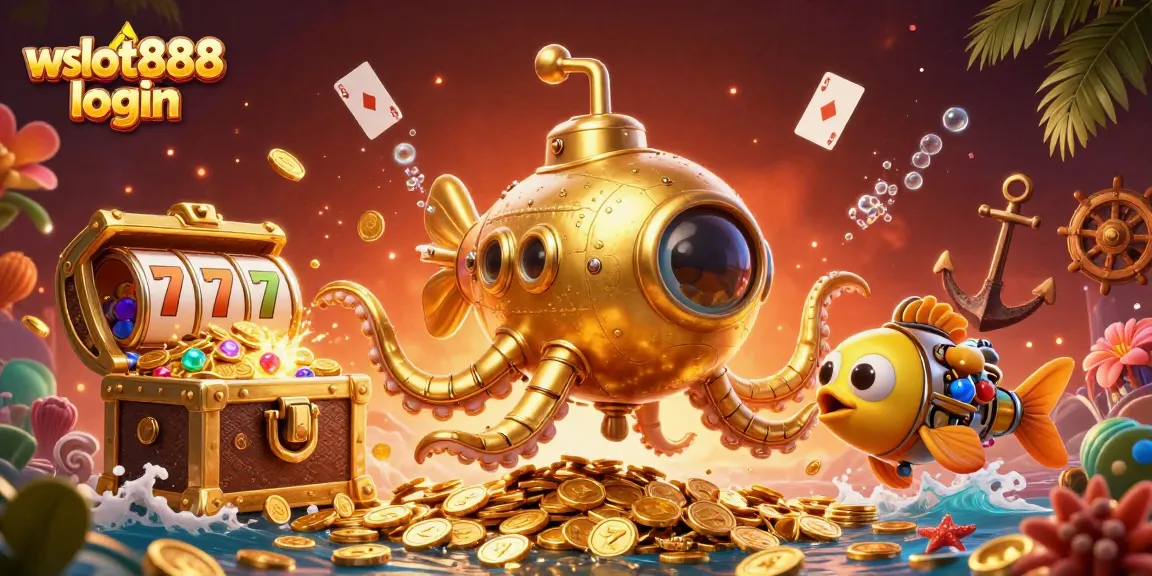 Login wslot888 untuk berinteraksi dengan karakter 3D kraken dan mesin slot dalam ilustrasi kasino bawah laut.