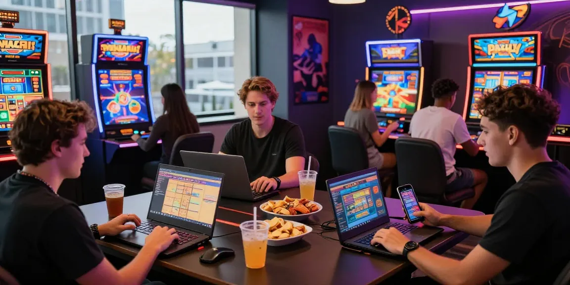 Exciting online casinos Australia gaming scene with friends enjoying diverse games on laptops and mobile devices.