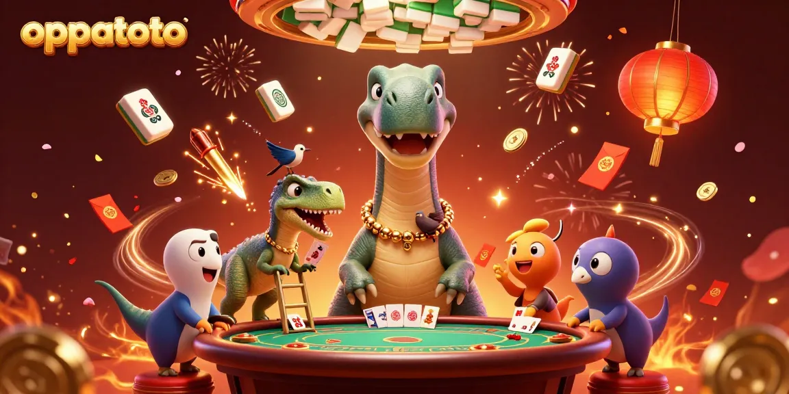Experience the thrill of oppatoto as a brontosaurus surveys the gaming scene in a vibrant casino.